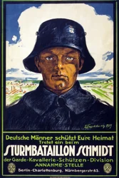 Saksalainen rekrytointijuliste Sturmbataillon Schmidt; Saksalaiset miehet kaatavat kotimaasi! Tule sisään Pubiin? 1919